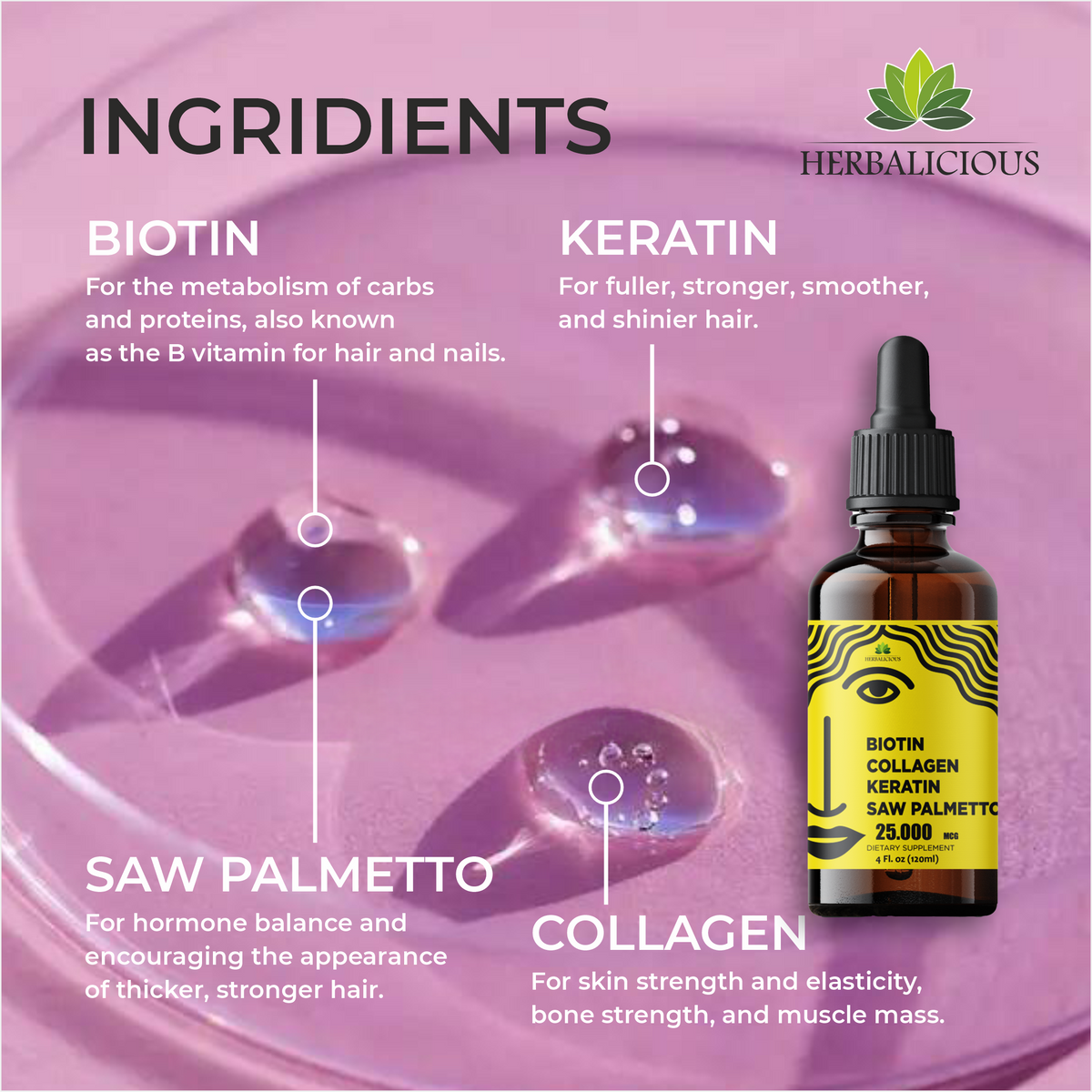 Liquid Collagen Supplements for Women - Comprehensive Formula Hair Skin Nails Supplement with 10000mcg Collagen 5000 mcg Biotin 5000 mcg Keratin 5000 mcg Saw Palmetto, 4fl oz