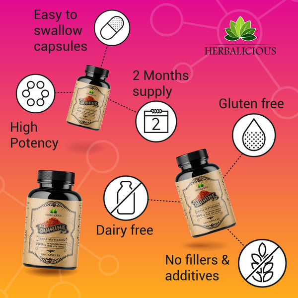 Quinine 100 Capsules - Cinchona Officinalis Bark Herbal Supplement for Muscle, Cramp Defense and Overall Digestive Health