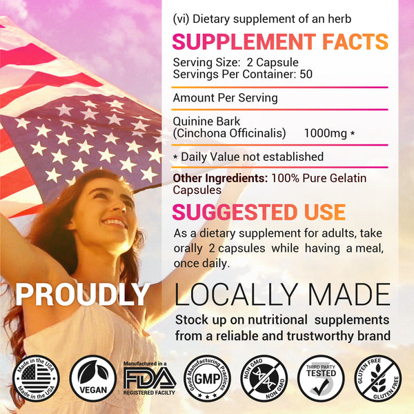 Quinine 100 Capsules - Cinchona Officinalis Bark Herbal Supplement for Muscle, Cramp Defense and Overall Digestive Health