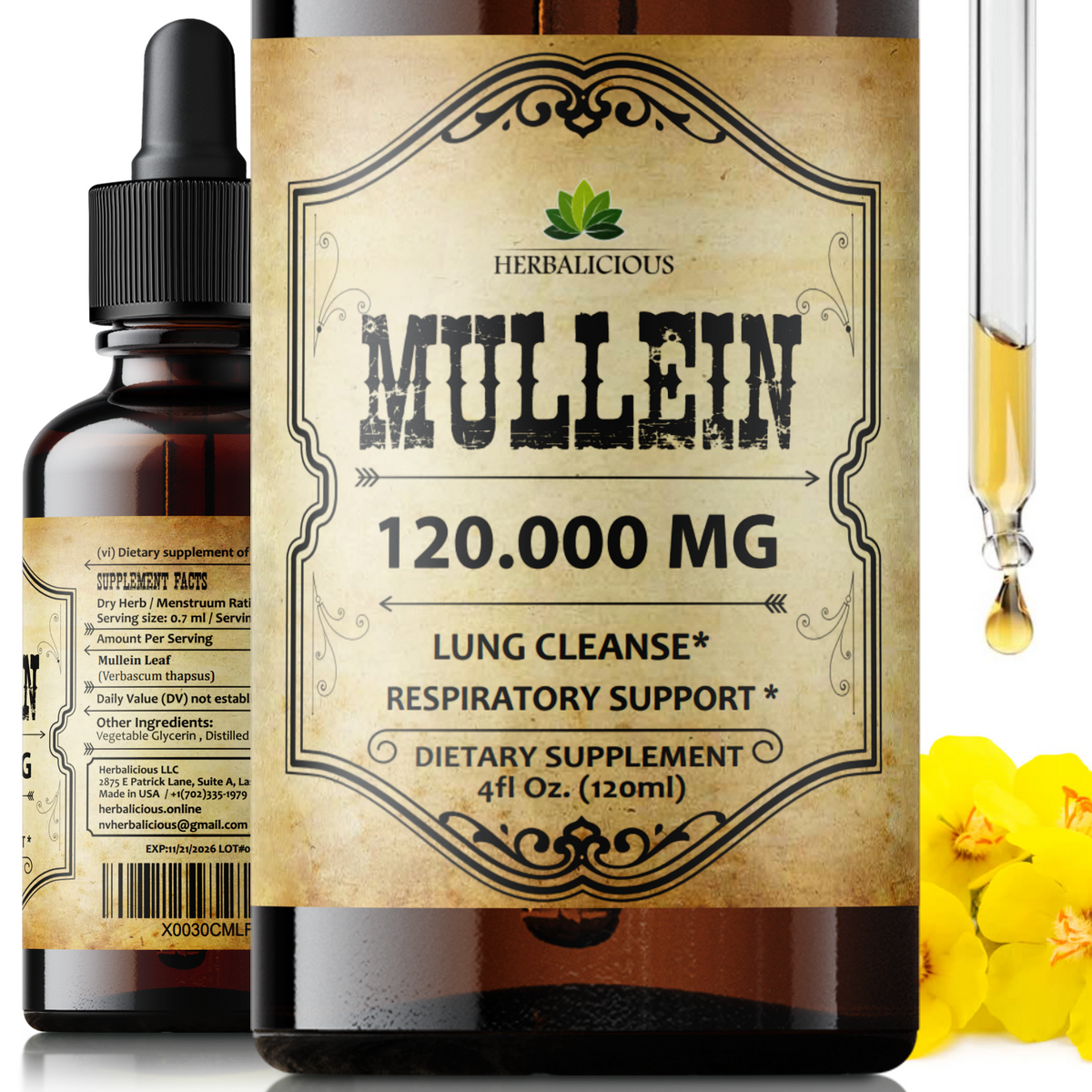 Organic Mullein Leaf Extract - Herbal Tincture - 4oz Bottle for Lung, Respiratory, Digestive Wellness, and Natural Sleep Aid