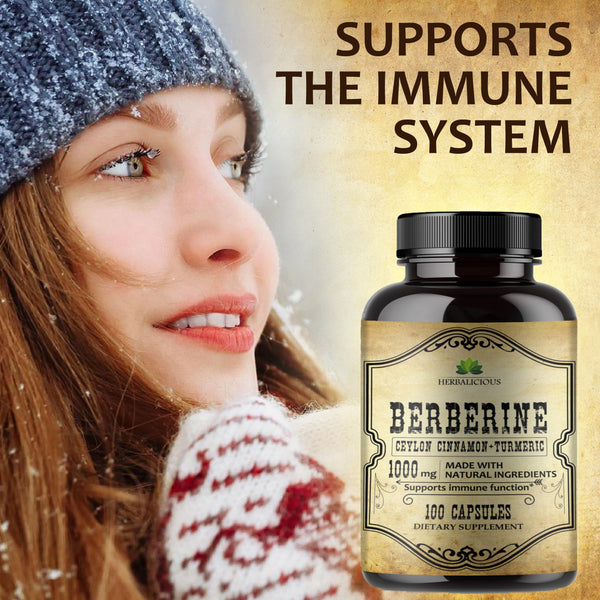 Berberine Capsules Ceylon Cinnamon & Turmeric - Berberine HCL Dietary Supplement for Men and Women – Non GMO Berberine 1000mg – Ideal for Immune Support, Heart, Cholesterol Level