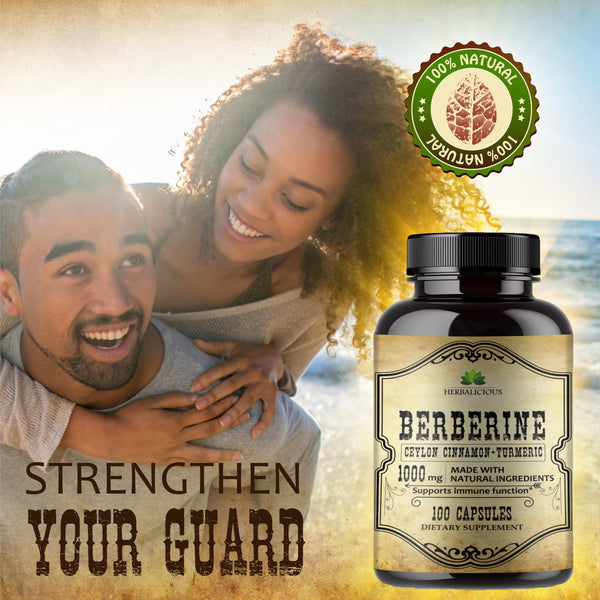 Berberine Capsules Ceylon Cinnamon & Turmeric - Berberine HCL Dietary Supplement for Men and Women – Non GMO Berberine 1000mg – Ideal for Immune Support, Heart, Cholesterol Level