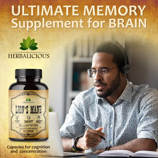 Lion’s Mane Mushroom 100 Capsules – Premium Mushroom Powder Capsules for Memory and Nerve Support -Focus Supplement