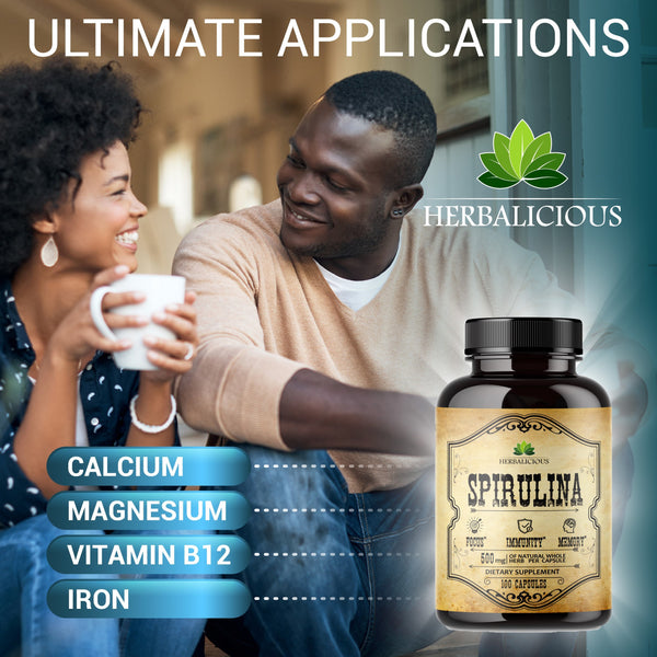 Spirulina 100 Capsules Blue Green Algae Extract with B Vitamins, Iron, Amino Acid&Antioxidants to Support Immune System Function