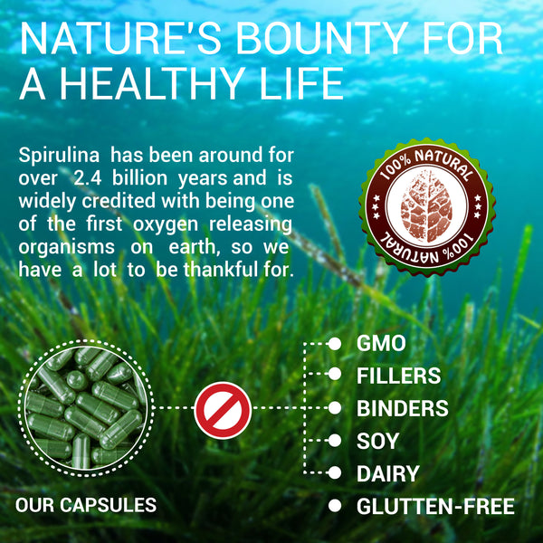 Spirulina 100 Capsules Blue Green Algae Extract with B Vitamins, Iron, Amino Acid&Antioxidants to Support Immune System Function