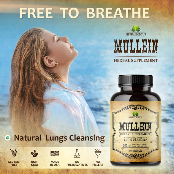 Mullein Leaf 100 Capsules - Organic Verbascum Thapsus Liquid Supplement - Herbal Tincture Promoting Lung, Respiratory & Digestive Wellness