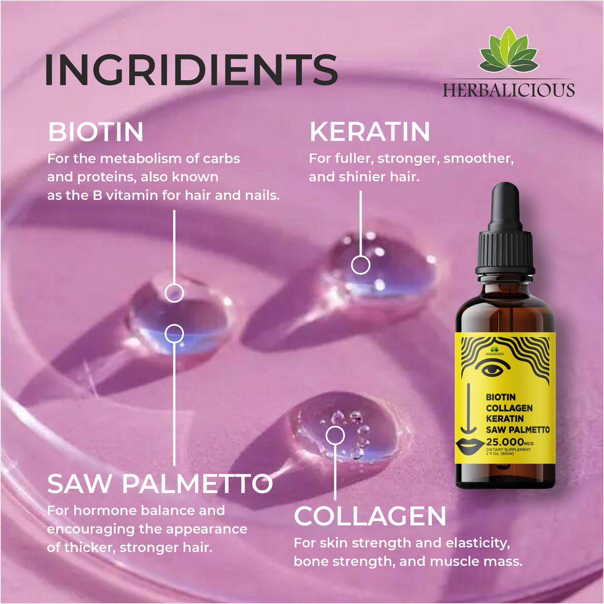 Liquid Collagen Supplements for Women - Comprehensive Formula Hair Skin Nails Supplement with 10000mcg Collagen 5000 mcg Biotin 5000 mcg Keratin 5000 mcg Saw Palmetto, 2fl oz
