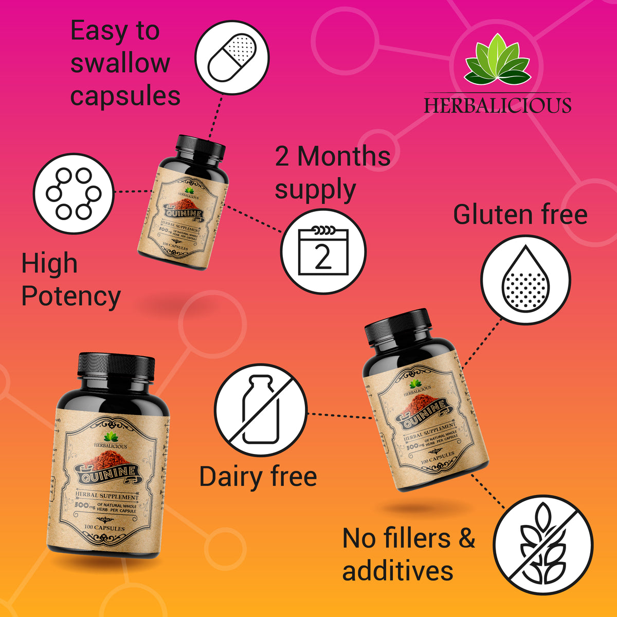 Quinine 100 Capsules - Cinchona Officinalis Bark Herbal Supplement for Muscle, Cramp Defense and Overall Digestive Health