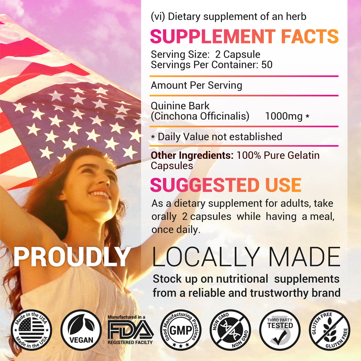 Quinine 100 Capsules - Cinchona Officinalis Bark Herbal Supplement for Muscle, Cramp Defense and Overall Digestive Health