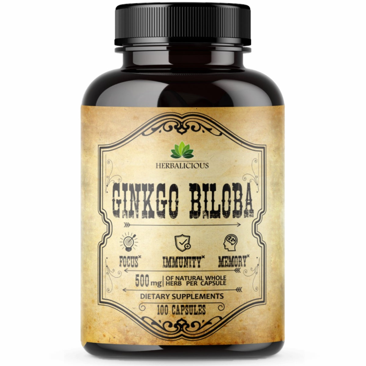 Ginkgo Biloba 100 Capsules - Daily Natural Nootropic Supplement to Support Mental Clarity, Focus, Memory Boost, Stress Relief, Heart & Brain