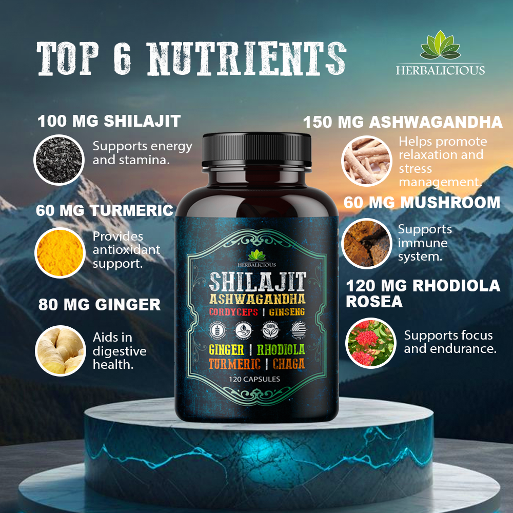 Shilajit Capsules with Ashwagandha, Cordyceps, Ginseng, Rhodiola, Turmeric, Chaga & Ginger – 8-in-1