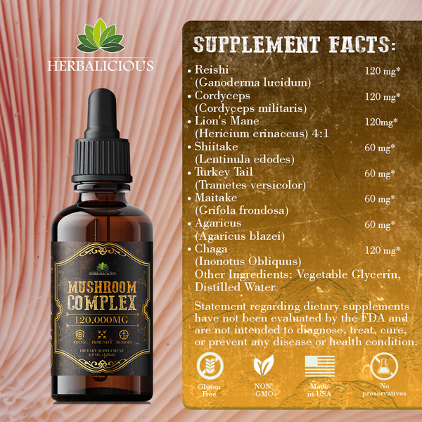Mushroom Complex – 8 Mushroom Supplement for Focus, Memory, and Immune Support – High Potency 120,000mg Blend – Lion’s Mane, Reishi, Cordyceps, Turkey Tail, Chaga 4 fl oz
