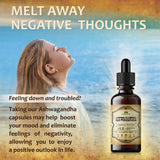 Ashwagandha liquid supplement for stress relief in a dropper bottle with a woman meditating outdoors.