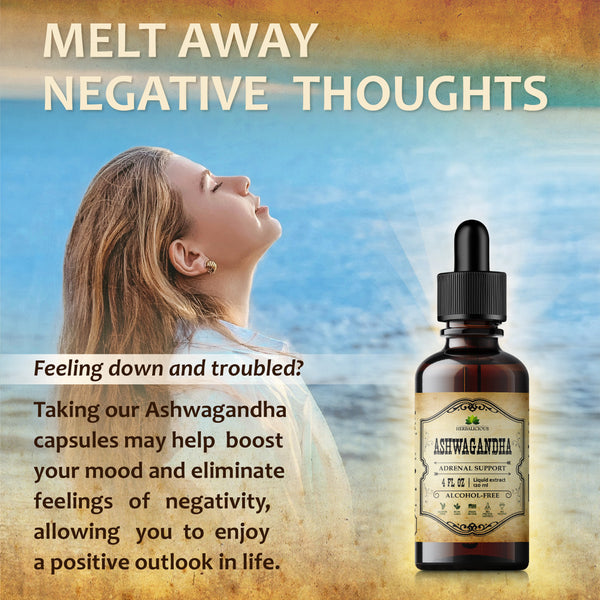 Ashwagandha liquid supplement for stress relief in a dropper bottle with a woman meditating outdoors.