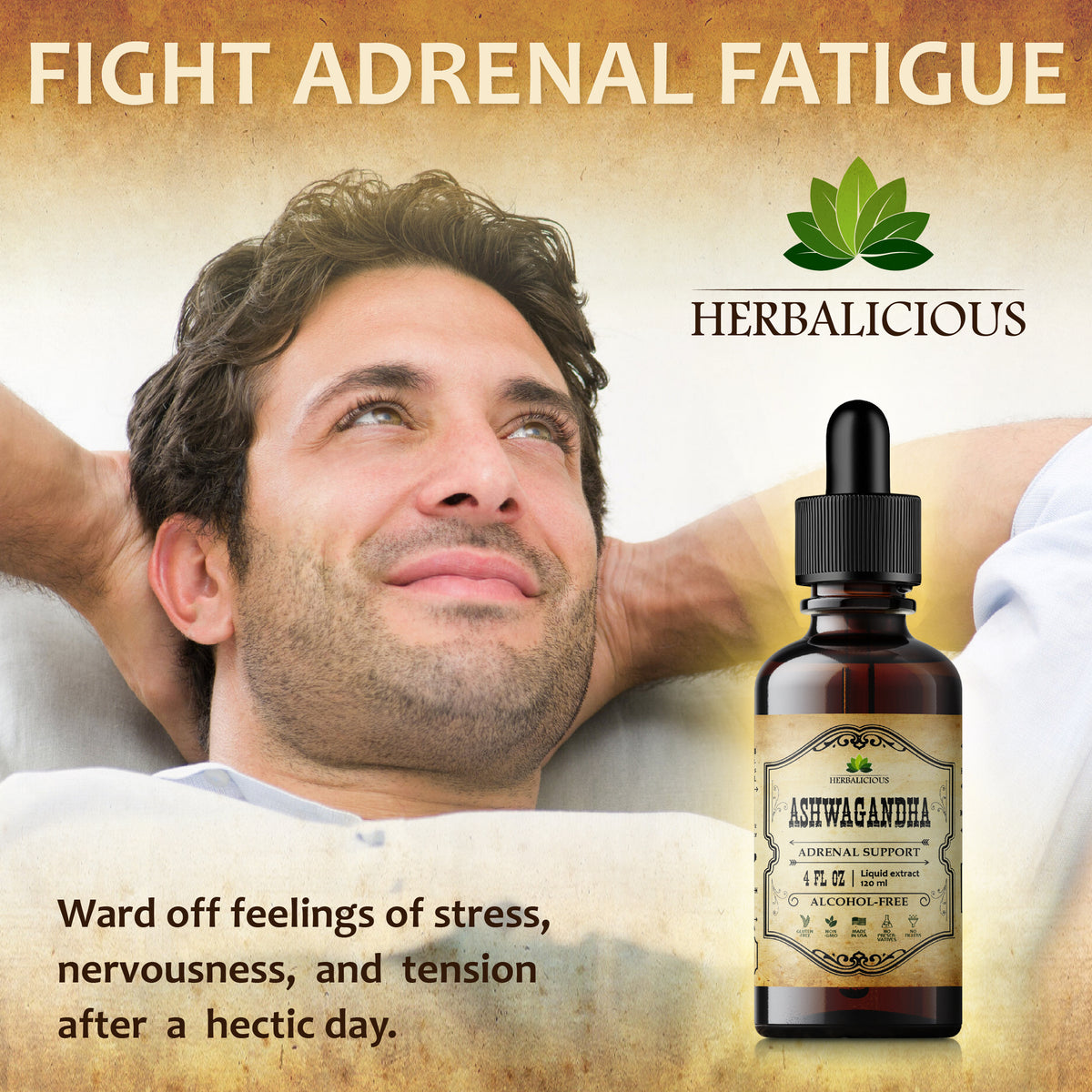 Ashwagandha liquid supplement for stress relief in a dropper bottle, promoting adrenal support and relaxation.