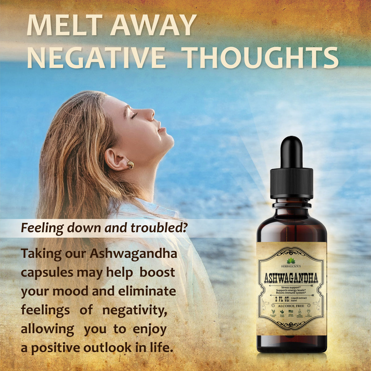 Ashwagandha Supplement Natural Withania Somnifera Root Extract Liquid Drops - Natural Stress Relief, Mood Booster, Sleep Aid & Calming Support 2Fl oz.