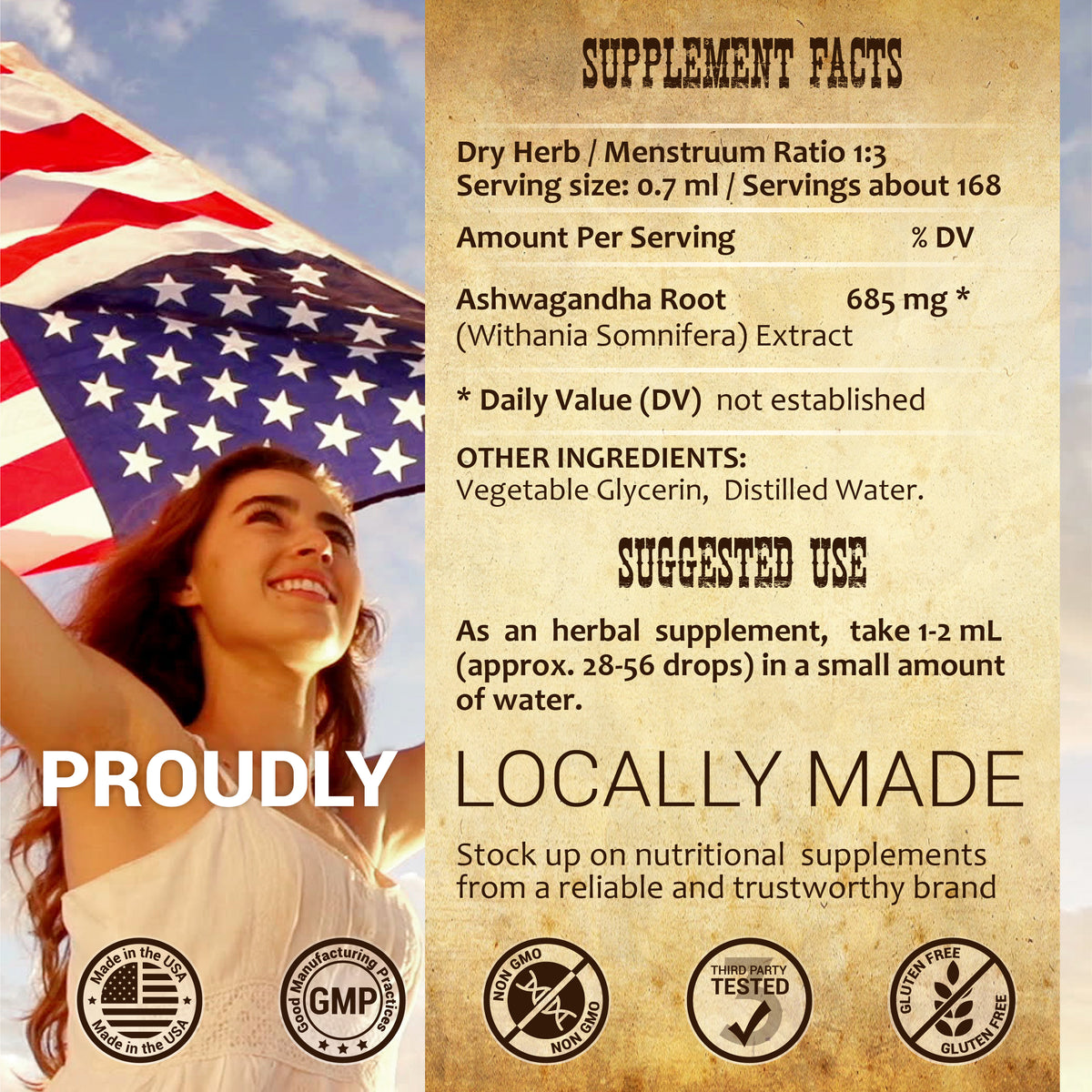 Ashwagandha liquid supplement for stress relief - Supplement facts, proudly made in the USA, 4 oz liquid format.