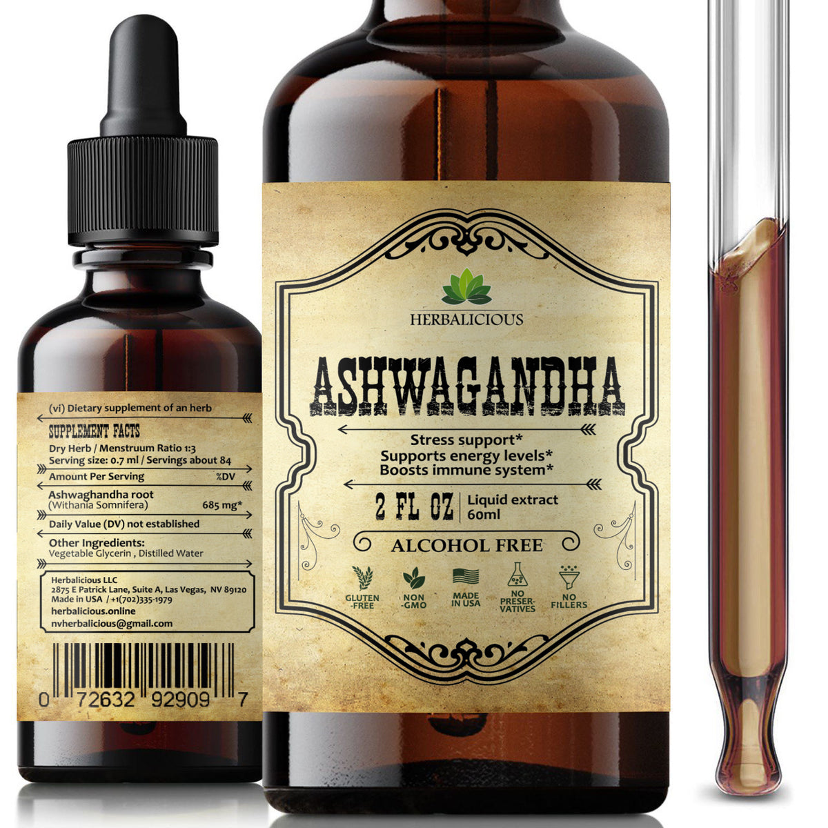 Ashwagandha Supplement Natural Withania Somnifera Root Extract Liquid Drops - Natural Stress Relief, Mood Booster, Sleep Aid & Calming Support 2Fl oz.