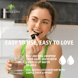 Woman taking liver support liquid supplement with water for daily wellness; Easy to use, easy to love.