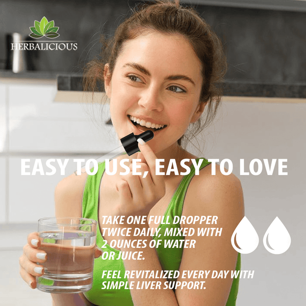 Woman taking liver support liquid supplement with water for daily wellness; Easy to use, easy to love.