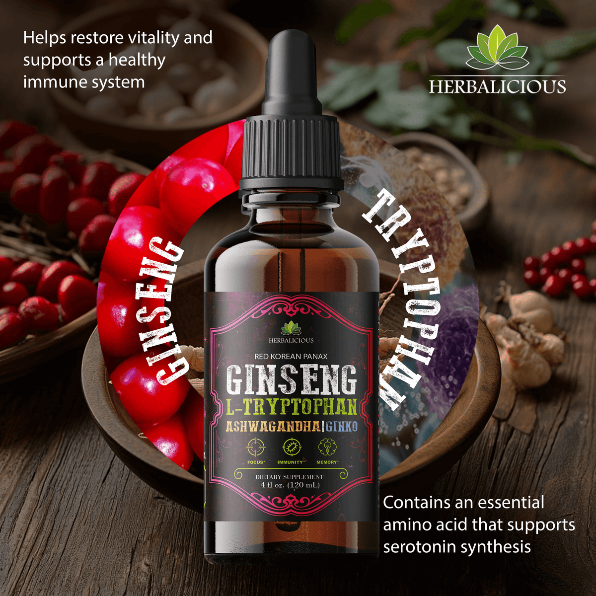 Stress relief liquid extract featuring ginseng, L-tryptophan, and ashwagandha for daily wellness and vitality support.