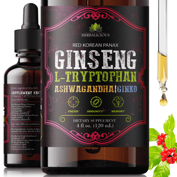 Stress relief liquid extract showcasing ginseng, L-tryptophan, and ashwagandha in a 4 fl oz bottle.