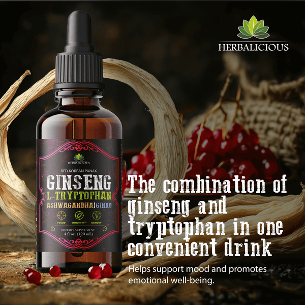 Stress relief liquid extract in a bottle with ginseng and tryptophan for emotional well-being.