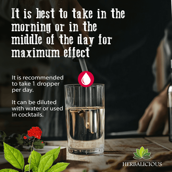 Stress relief liquid extract in a glass, recommended for daily use to maximize effects.