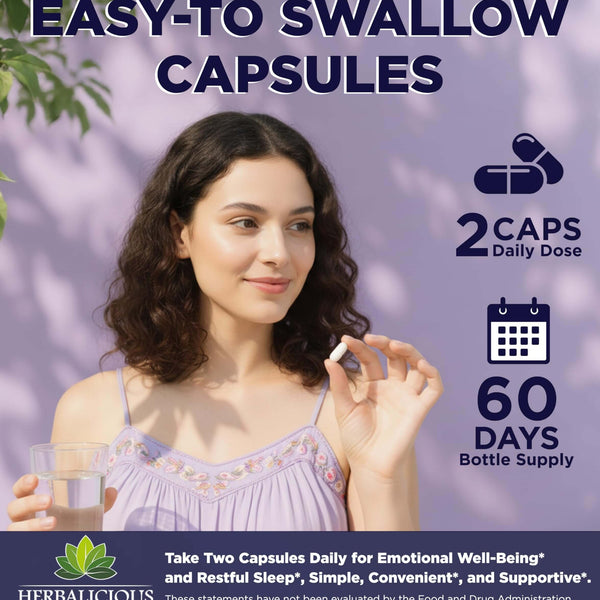 HERBALICIOUS GABA L-Theanine with Magnesium ? Calm & Focus Support, Stress Relief, Relaxation + Mood Balance, Brain & Memory Support Supplement ? Vitamin B6 + B12 Complex ? 120 Capsules