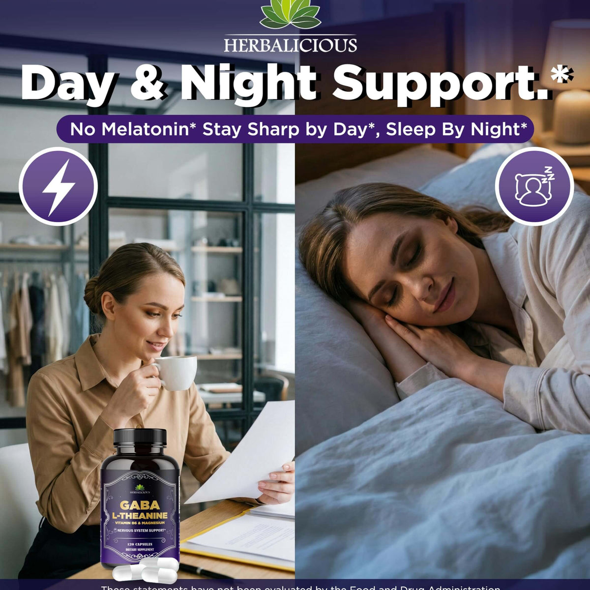 GABA L-Theanine stress relief supplement for day and night support, promoting calm focus and restful sleep.