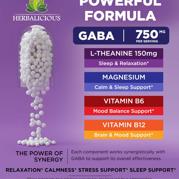 HERBALICIOUS GABA L-Theanine with Magnesium ? Calm & Focus Support, Stress Relief, Relaxation + Mood Balance, Brain & Memory Support Supplement ? Vitamin B6 + B12 Complex ? 120 Capsules