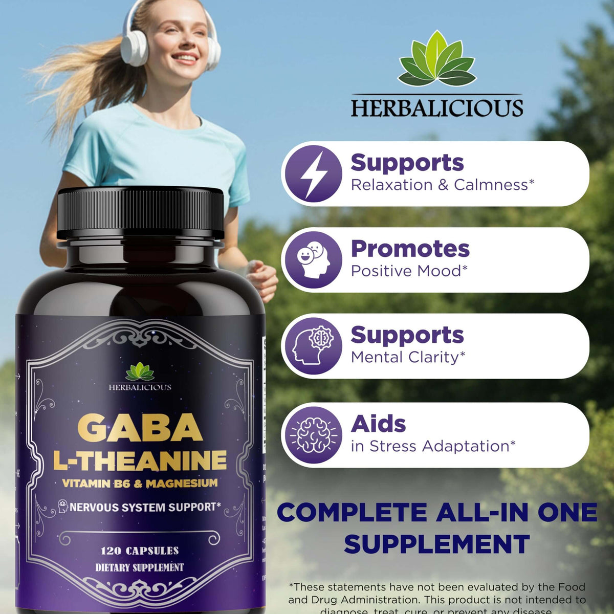 GABA L-Theanine stress relief supplement bottle with benefits including relaxation and mental clarity.