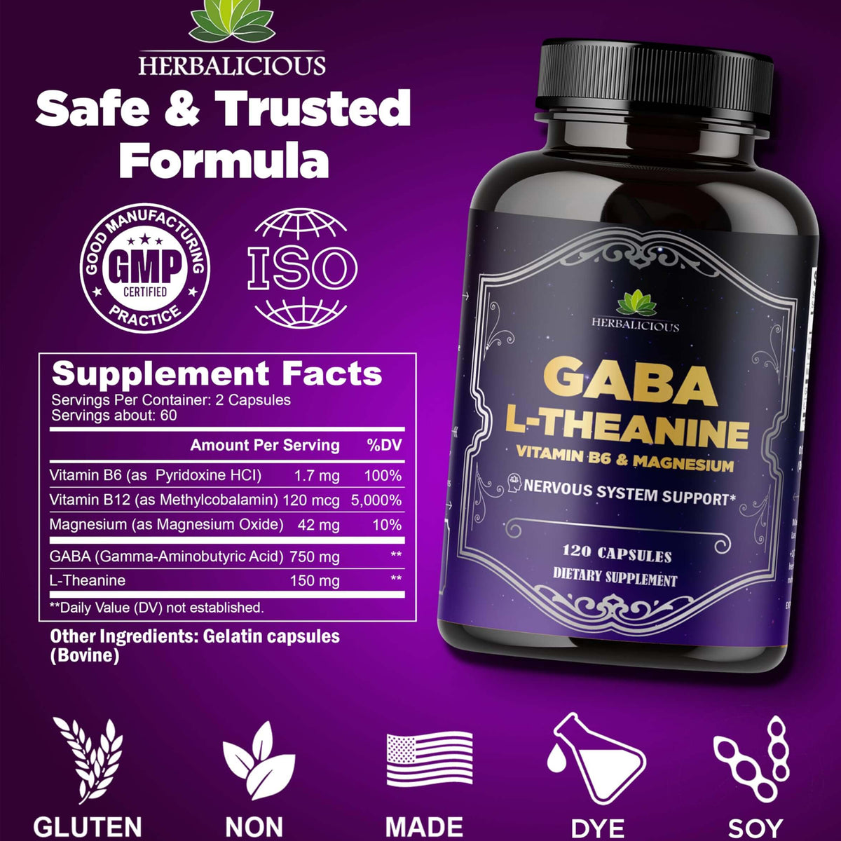 GABA L-Theanine stress relief supplement bottle with supplement facts and ingredients, 120 capsules.