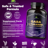 GABA L-Theanine stress relief supplement bottle with supplement facts and ingredients, 120 capsules.