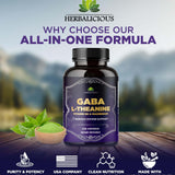 GABA L-Theanine stress relief supplement in a bottle with capsules, promoting calm focus and nervous system support.