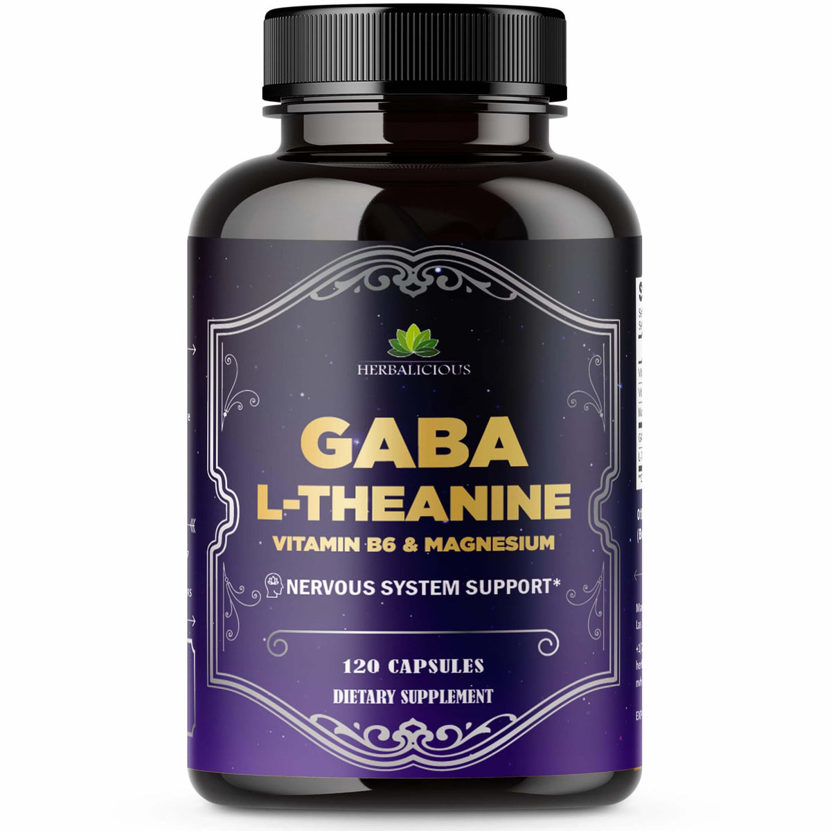 GABA L-Theanine stress relief supplement bottle with 120 capsules for daily balance and calm focus.
