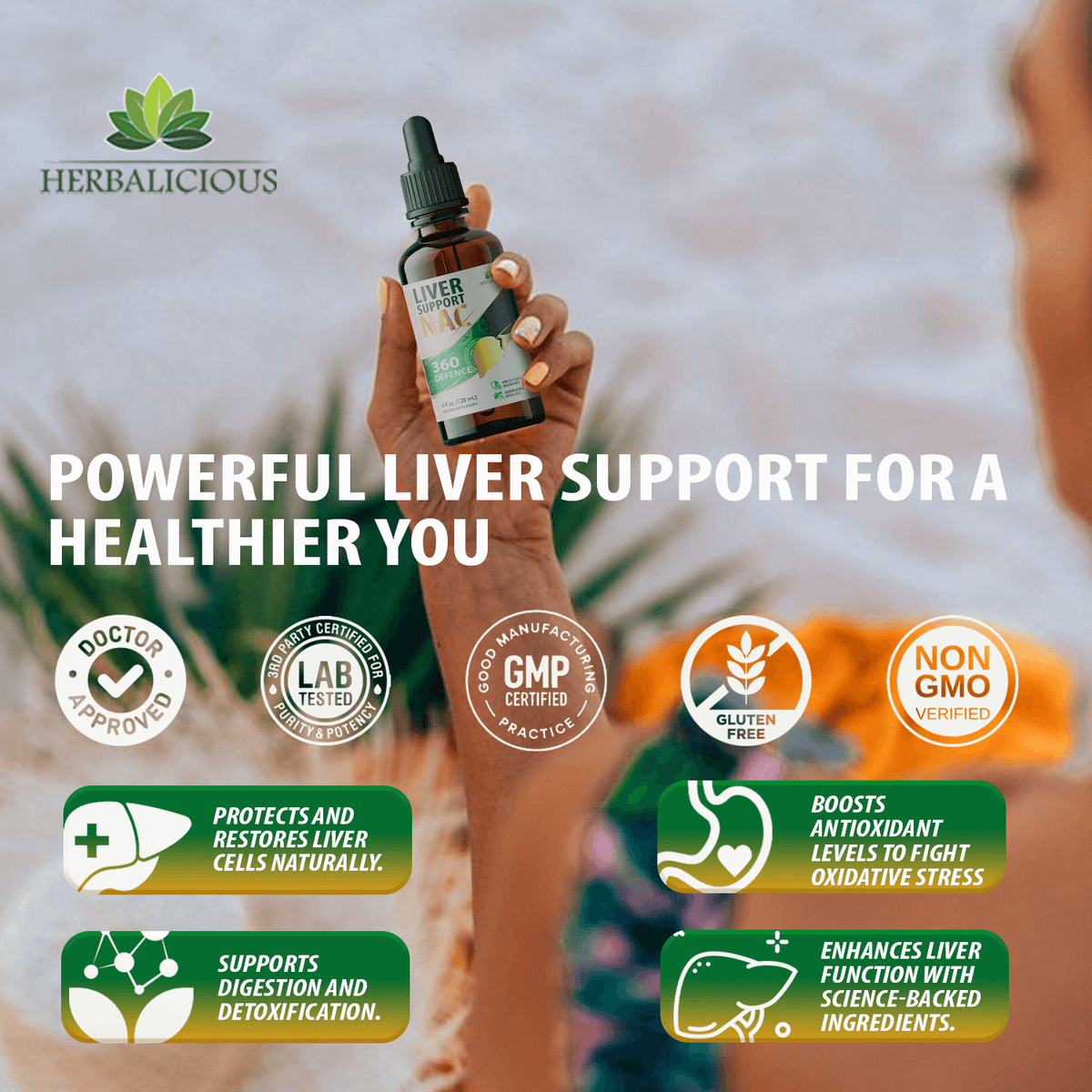Liver support liquid supplement with NAC in a dropper bottle, promoting liver health and detox benefits.