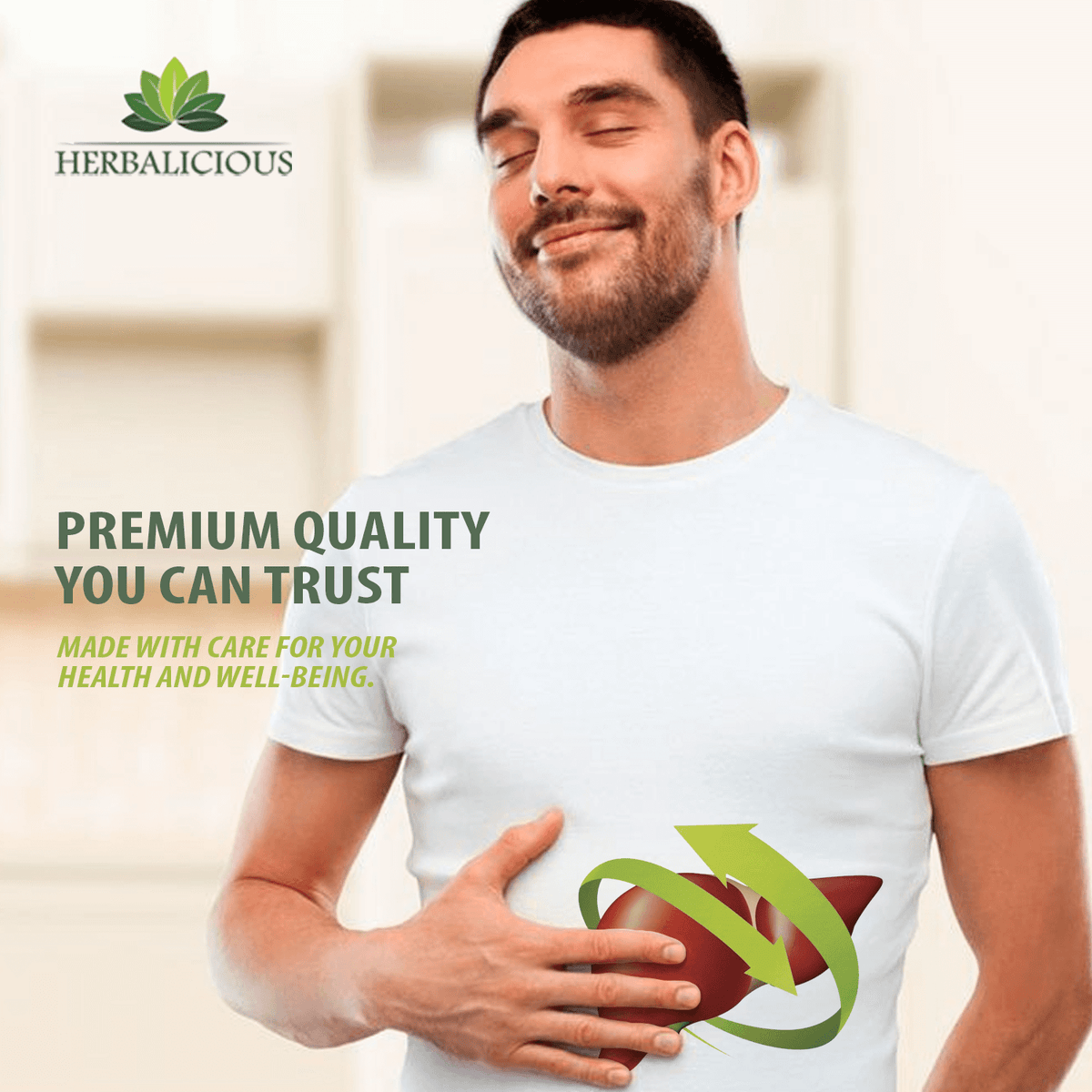 Man smiling while holding stomach, promoting liver support liquid supplement with focus on quality and health.