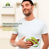 Man smiling while holding stomach, promoting liver support liquid supplement with focus on quality and health.