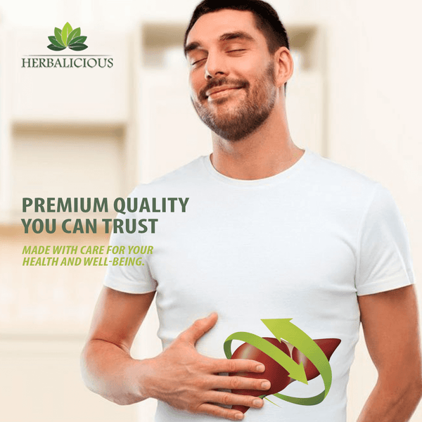 Man smiling while holding stomach, promoting liver support liquid supplement with focus on quality and health.