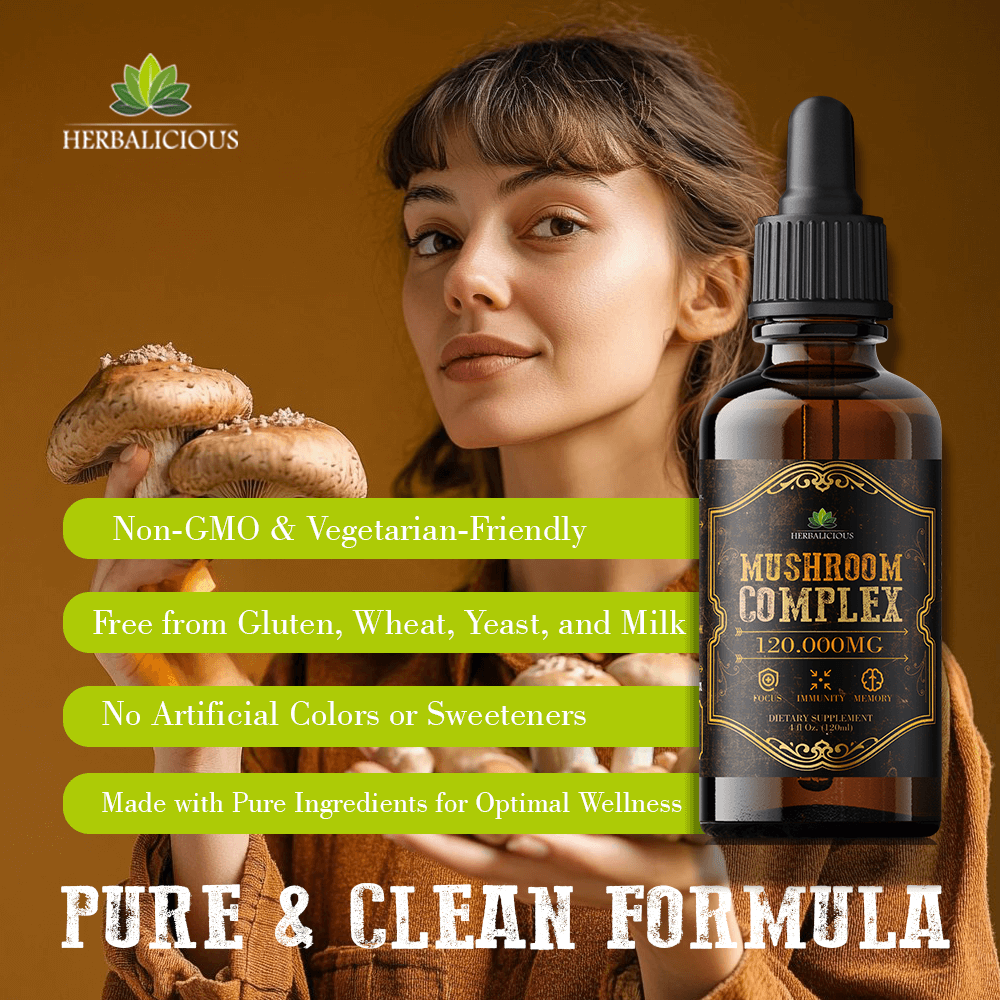 Mushroom Complex – 8 Mushroom Supplement for Focus, Memory, and Immune Support – High Potency 120,000mg Blend – Lion’s Mane, Reishi, Cordyceps, Turkey Tail, Chaga 4 fl oz.