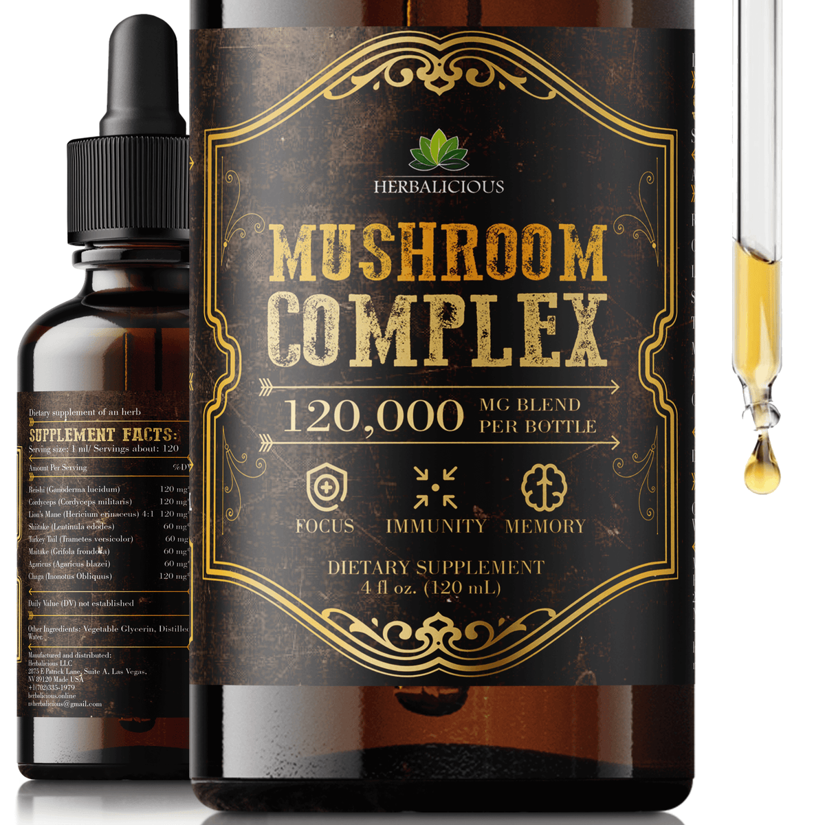 Mushroom Complex – 8 Mushroom Supplement for Focus, Memory, and Immune Support – High Potency 120,000mg Blend – Lion’s Mane, Reishi, Cordyceps, Turkey Tail, Chaga 4 fl oz.