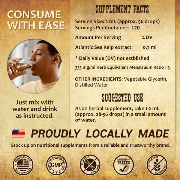 Natural iodine extract for thyroid support supplement facts with a man drinking water.