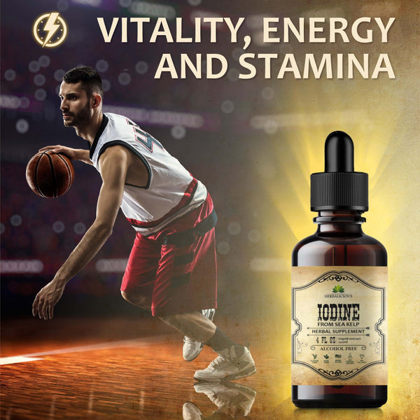 Natural iodine extract for thyroid support liquid formula alongside athlete showcasing vitality and energy.