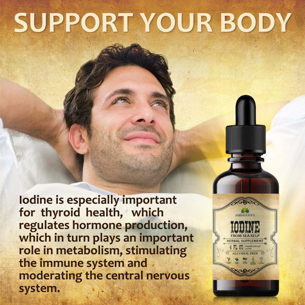 Natural iodine extract for thyroid support in liquid formula with a man enjoying health benefits.