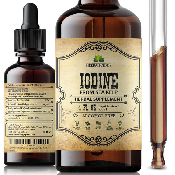 Natural iodine extract for thyroid support – liquid formula in a 4 fl oz herbal supplement bottle.