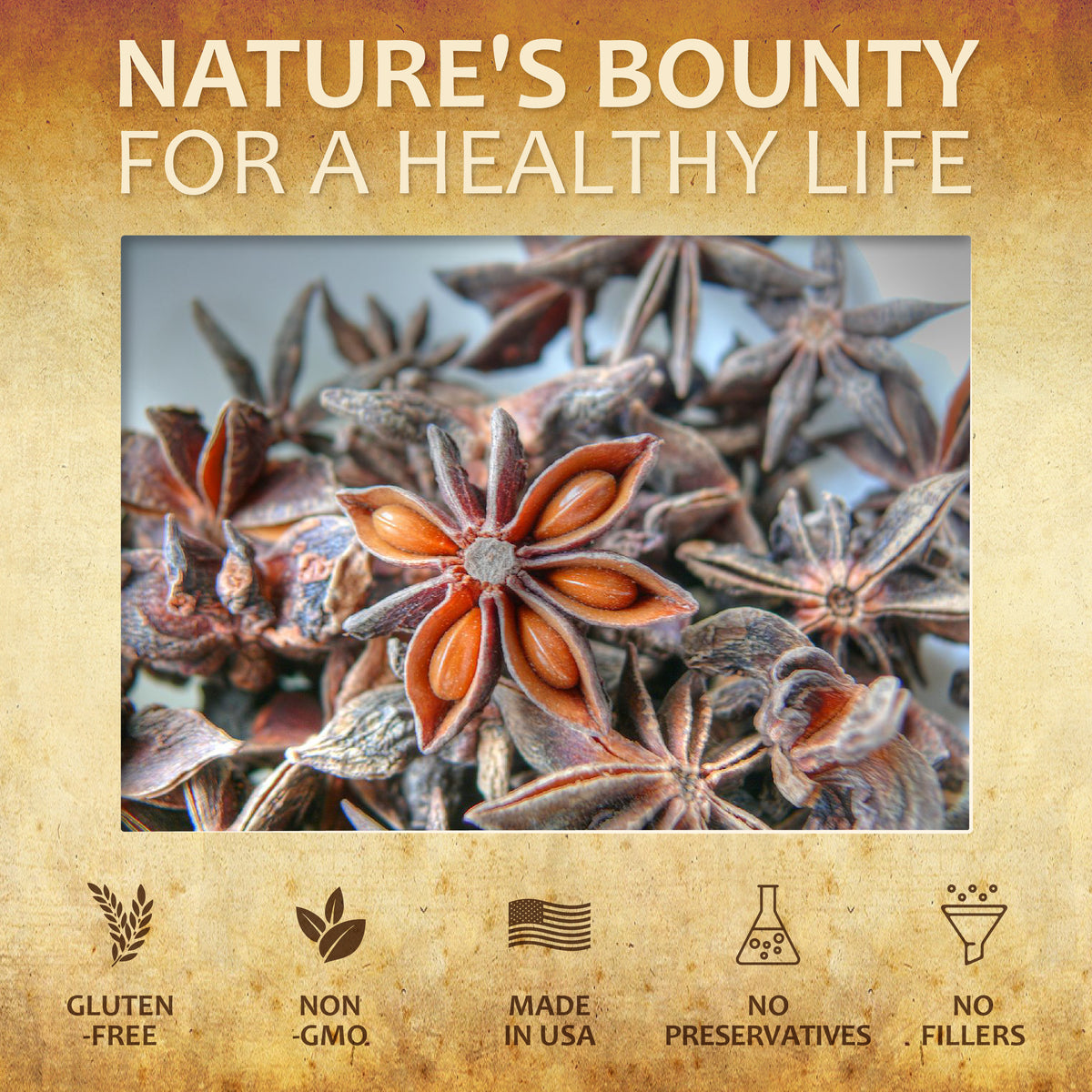 Star anise immune supplement with herbal ingredients for wellness, gluten-free and non-GMO, promoting a healthy lifestyle.
