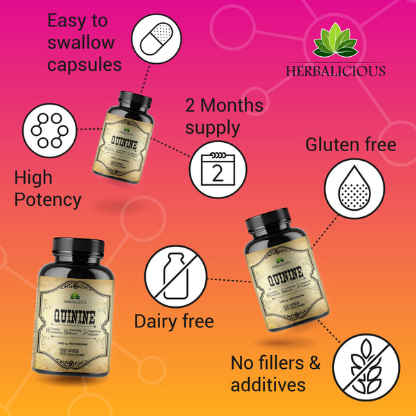 Quinine 100 Capsules - Cinchona Officinalis Bark Herbal Supplement for Muscle, Cramp Defense and Overall Digestive Health