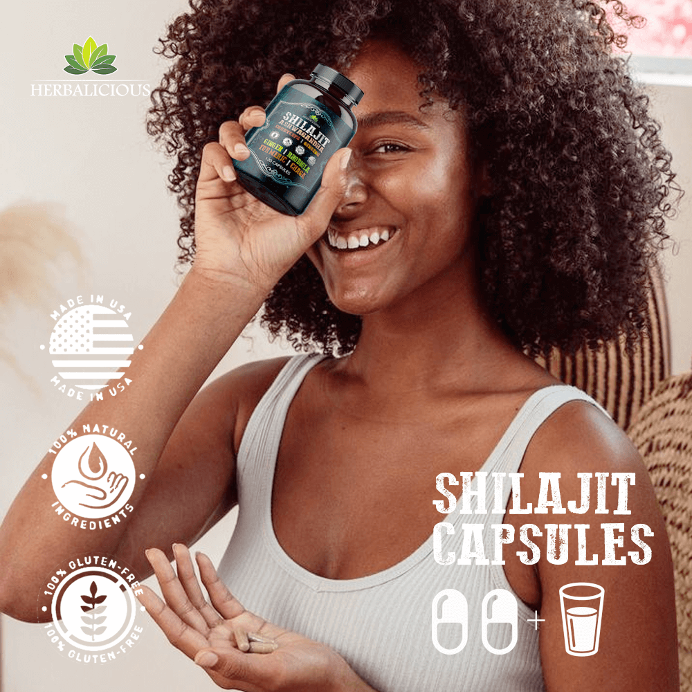 Shilajit Capsules with Ashwagandha, Cordyceps, Ginseng, Rhodiola, Turmeric, Chaga & Ginger – 8-in-1 lifestyle image.