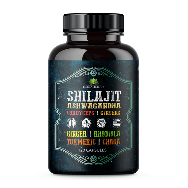 Shilajit Capsules with Ashwagandha, Cordyceps, Ginseng, Rhodiola, Turmeric, Chaga & Ginger – 8-in-1 in a dark bottle on white background.